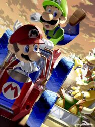 Rule 34 | 4boys,  double dash,  double dash!!, arm up, armlet, artist name, blue eyes, blue overalls, bowser, bowser jr., bracelet, brothers, brown hair, buttons, claws, cloud, driving, facial hair, father and son, gloves, go-kart, green headwear, green shirt, hat, highres, holding, horns, jewelry, long sleeves, looking at another, looking back, luigi, male focus, mario, mario (series), mario k, mario k, mario kart, multiple boys, mustache, nintendo, open mouth, orange sky, outdoors, overalls, red eyes, red hair, red headwear, red shirt, sharp teeth, shell, shirt, short hair, siblings, sky, spiked armlet, spiked bracelet, spiked shell, spikes, stadium, sunset, teeth, twitter username, upper teeth only, v-shaped eyebrows, white gloves, yuuma rimi