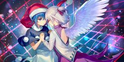 Rule 34 | 2girls, ainy, back, back cutout, black capelet, blue eyes, blue hair, blush, braid, capelet, closed eyes, clothing cutout, doremy sweet, dress, feathered wings, hair between eyes, hat, highres, holding hands, interlocked fingers, jacket, kishin sagume, multiple girls, nightcap, non-web source, official art, parted lips, pom pom (clothes), purple dress, red headwear, second-party source, short hair, single wing, space, tail, tapir tail, touhou, touhou lostword, white dress, white hair, white jacket, white wings, wings