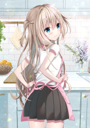 Rule 34 | 1girl, apron, black skirt, blonde hair, blue eyes, blush, brown hair, closed mouth, commentary request, counter, cutting board, flower, from behind, hair between eyes, looking at viewer, looking back, original, pink apron, pleated skirt, purple flower, shirt, short sleeves, signature, sink, skirt, smile, solo, tia-chan, tile wall, tiles, uchuuneko, white flower, white shirt