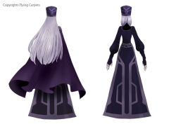 Rule 34 | 1girl, cape, dress, english text, from behind, hat, long hair, monaka (siromona), simple background, solo, the evil queen (gnr), the girl and the robot, white background