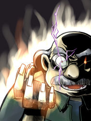 Rule 34 | 1boy, agasa hiroshi, aura, bald, black background, blue shirt, commentary request, dark aura, dark persona, electricity, facial hair, flaming eye, glasses, green jacket, grey hair, highres, jacket, looking at viewer, male focus, meitantei conan, mustache, nino (shira), old, old man, open mouth, red eyes, round eyewear, shirt, simple background, solo, teeth, upper body