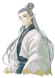 Rule 34 | 1boy, absurdres, grey hair, hair bun, highres, lanxi zhen, long hair, long sleeves, looking at viewer, micho, pan jing (the legend of luoxiaohei), pointy ears, simple background, single hair bun, solo, luo xiaohei zhanji, upper body, very long hair, white background