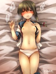 Rule 34 | 10s, 1girl, blush, braid, breasts, brown hair, collarbone, cowboy shot, hand on own chest, isonami (kancolle), kantai collection, looking at viewer, lying, navel, nipples, no bra, on back, open clothes, open shirt, oshiruko (tsume), panties, school uniform, serafuku, shirt, single braid, skirt, unworn skirt, small breasts, solo, straddling, tears, translation request, underwear, white panties