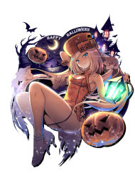Rule 34 | 1girl, armpits, ass, blonde hair, blue eyes, blush, breasts, china dress, chinese clothes, closed mouth, dress, fingerless gloves, full body, gloves, guilty gear, guilty gear xrd, halloween, hat, highres, jack-o&#039;-lantern, long hair, looking at viewer, migumigu, millia rage, orange hat, panties, prehensile hair, sleeveless, sleeveless dress, small breasts, smile, solo, thighs, underwear, very long hair