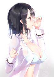 Rule 34 | 1girl, adjusting eyewear, black hair, blouse, bra, breasts, collarbone, covered erect nipples, from side, glasses, hayakawa akari, jewelry, kantai collection, lace, lace-trimmed bra, lace trim, large breasts, lens flare, long sleeves, open clothes, open mouth, open shirt, red eyes, ring, see-through, shirt, short hair, solo, takao (kancolle), underwear, upper body, wedding band, white background, white shirt, wrist cuffs