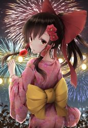 Rule 34 | 1girl, alternate costume, bad id, bad nicoseiga id, black hair, blush, bow, bracelet, brown eyes, candy apple, cowboy shot, fireworks, floral print, flower, food, hair bow, hair flower, hair ornament, hair tubes, hakurei reimu, highres, holding, holding food, japanese clothes, jewelry, kimono, long hair, long sleeves, looking at viewer, looking back, parted lips, ponytail, red bow, red flower, red rose, rose, sash, sidelocks, solo, touhou, toyosaki shu, wide sleeves, yellow bow, yukata