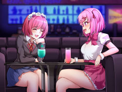 Rule 34 | 2girls, absurdres, bar (place), blouse, blue skirt, blush, bow, bowtie, collared shirt, commentary, commission, cosplay, costume switch, crossed legs, crossover, doki doki literature club, dorothy haze, dorothy haze (cosplay), drink, english commentary, closed eyes, glass, head rest, highres, indiana georg, long sleeves, looking at another, multiple girls, natsuki (doki doki literature club), natsuki (doki doki literature club) (cosplay), open mouth, pink bow, pink bowtie, pink eyes, pink hair, pink skirt, puffy short sleeves, puffy sleeves, school uniform, shirt, short hair, short sleeves, sitting, skirt, smile, table, twintails, va-11 hall-a, white shirt