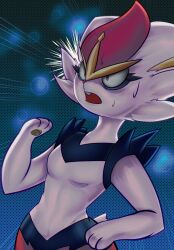 Rule 34 | 1girl, alipse, animal hands, animal nose, backlighting, blue background, blue fur, body fur, breasts, buck teeth, cinderace, constricted pupils, creatures (company), emphasis lines, female focus, furry, furry female, game freak, gen 8 pokemon, hand up, highres, multicolored fur, nervous, nintendo, open mouth, pawpads, pokemon, pokemon (creature), rabbit ears, rabbit girl, rabbit tail, red eyes, red fur, red hair, short hair, small breasts, solo, standing, surprised, sweat, teeth, upper body, white fur