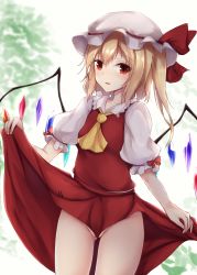 Rule 34 | 1girl, absurdres, blonde hair, bottomless, clothes lift, commentary request, cowboy shot, crystal, flandre scarlet, gluteal fold, groin, hat, hat ribbon, highres, kashiwagi yamine, lifted by self, looking at viewer, medium hair, miniskirt, no panties, open mouth, outdoors, puffy short sleeves, puffy sleeves, red eyes, red ribbon, red skirt, red vest, ribbon, short hair with long locks, short sleeves, side ponytail, skirt, skirt lift, solo, thighs, touhou, vest, white hat, wings