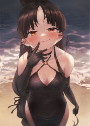 Rule 34 | 1girl, beach, black gloves, black hair, black one-piece swimsuit, blush, breasts, brown eyes, closed mouth, collarbone, cowboy shot, criss-cross halter, earrings, elbow gloves, gloves, halterneck, highres, jewelry, kantai collection, long hair, looking at viewer, low-tied long hair, medium breasts, nisshin (kancolle), ocean, one-piece swimsuit, smile, solo, swimsuit, toka (marchlizard), very long hair