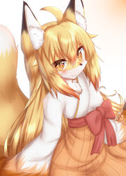 Rule 34 | 1girl, :3, ahoge, animal ear fluff, animal ears, animal nose, blonde hair, blush, body fur, commentary request, fang, fox ears, fox girl, fox tail, furry, furry female, gradient background, highres, horokusa (korai), japanese clothes, kimono, korai (horokusa), long hair, long sleeves, looking at viewer, original, simple background, sitting, smile, solo, tail, two-tone fur, upper body, white fur, yellow eyes, yellow fur