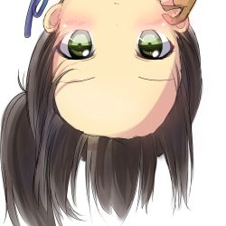 Rule 34 | 10s, 1girl, black hair, blush, forehead, green eyes, hairline, highres, kaga (kancolle), kantai collection, looking at viewer, pentagon (railgun ky1206), side ponytail, simple background, solo, upside-down, white background
