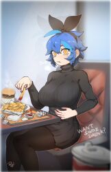 Rule 34 | 1girl, black pantyhose, black ribbon, black skirt, black sweater, blue hair, blurry, blurry foreground, blush, breasts, burger, burp, commentary, couch, cup, depth of field, dif (difman), difman, disposable cup, english commentary, english text, food, french fries, hair between eyes, hair ribbon, highres, holding, holding food, indoors, ketchup, large breasts, long sleeves, looking at viewer, mole, mole under eye, multicolored hair, on couch, orange eyes, original, pantyhose, parted lips, pleated skirt, ribbed sweater, ribbon, sitting, skirt, solo, streaked hair, sweat, sweater, turtleneck, turtleneck sweater, window