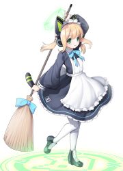 Rule 34 | 1girl, animal ear headphones, animal ears, apron, arm up, black dress, blonde hair, blue archive, blue bow, bow, broom, commentary request, dress, fake animal ears, frilled apron, frilled dress, frills, full body, green eyes, headphones, highres, holding, holding broom, koflif, long hair, long sleeves, low twintails, maid, maid apron, maid headdress, midori (blue archive), midori (maid) (blue archive), parted lips, puffy long sleeves, puffy sleeves, sidelocks, simple background, solo, standing, standing on one leg, tail, twintails, white apron, white background