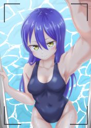 Rule 34 | 1girl, absurdres, artist name, artist request, bare legs, bare shoulders, black one-piece swimsuit, blue hair, blush, breasts, brown eyes, collarbone, competition swimsuit, female focus, hair between eyes, highres, holding, long hair, looking at viewer, love live!, love live! school idol project, medium breasts, one-piece swimsuit, parted lips, pool, pool ladder, smile, solo, sonoda umi, swimsuit, taking picture, thighhighs, yellow eyes