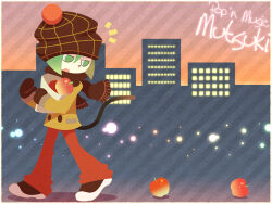 Rule 34 | 1boy, apple, bag, black scarf, brown headwear, cat boy, cat tail, character name, copyright name, food, fruit, green eyes, green hair, grocery bag, hajime (vasu), male focus, mittens, mutsuki (pop&#039;n music), official style, open mouth, pants, pop&#039;n music, red pants, scarf, shopping bag, skyline, solo, tail, winter clothes