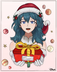 Rule 34 | 1girl, 2023, absurdres, anime screenshot, bad tag, byleth (female) (fire emblem), byleth (female) (frosty professor) (fire emblem), byleth (fire emblem), christmas, fire emblem, fire emblem: three houses, fire emblem heroes, gift, green hair, hat, highres, merry christmas, nintendo, nintendo switch, official alternate costume, santa hat, solo, video game