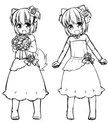 Rule 34 | 1girl, :d, animal ears, bare shoulders, barefoot, blush, bouquet, commentary request, detached sleeves, dog ears, dress, fang, flower, greyscale, hair flower, hair ornament, haru (inuarashi), head tilt, holding, holding bouquet, inuarashi, long sleeves, looking at viewer, monochrome, multiple views, open mouth, original, rose, short hair, simple background, smile, standing, strapless, strapless dress, white background