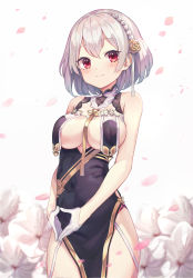 Rule 34 | 1girl, absurdres, azur lane, blush, braid, breast curtains, breasts, china dress, chinese clothes, dress, flower, garter straps, gloves, hair between eyes, hair ornament, highres, large breasts, looking at viewer, nam (nam990902), red eyes, revealing clothes, short hair, sirius (azur lane), sirius (azure horizons) (azur lane), solo, thighhighs, white gloves, white hair