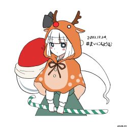 Rule 34 | 1girl, animal costume, candy, candy cane, closed mouth, commentary request, dated, food, ghost, green skirt, hat, highres, hoshii 1213, konpaku youmu, konpaku youmu (ghost), long sleeves, looking at viewer, reindeer costume, santa hat, simple background, skirt, solo, touhou, twitter username, white background