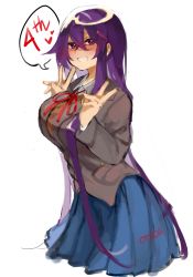 Rule 34 | 1girl, absurdres, anniversary, blue sky, commentary, cropped legs, doki doki literature club, double v, english commentary, grey jacket, grin, hair between eyes, hair ornament, hairclip, heart, highres, jacket, long hair, long sleeves, looking at viewer, neck ribbon, otxoa60, pleated skirt, purple eyes, purple hair, red ribbon, ribbon, simple background, sketch, skirt, sky, smile, solo, speech bubble, spoken heart, v, very long hair, white background, yuri (doki doki literature club)