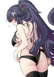 Rule 34 | 1girl, absurdres, animal ears, arknights, ass, bare arms, bare shoulders, bikini, black bikini, black hair, black thighhighs, blush, breasts, cat ears, cat tail, commentary, cowboy shot, green eyes, highres, jessica (arknights), k0ng, large breasts, long hair, ponytail, solo, standing, swimsuit, tail, thighhighs, thighs, very long hair
