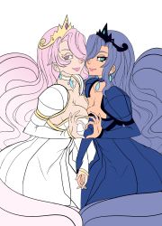 Rule 34 | 2girls, asymmetrical docking, breast press, breasts, celestia (my little pony), cleavage, crown, dress, earrings, eyebrows, holding hands, heart, heart hands, heart hands duo, highres, jewelry, luna (my little pony), multiple girls, my little pony, my little pony: friendship is magic, necklace, yuri