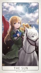 Rule 34 | 1girl, absurdres, blonde hair, blue eyes, closed mouth, cloud, cloudy sky, day, flag, highres, holding, holding flag, horse, huira444, ib (kouri), looking at viewer, mary (ib), outdoors, pixiv id, sky, smile, solo, twitter username
