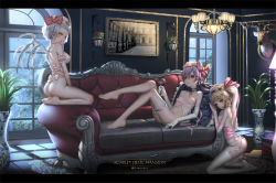 Rule 34 | 3girls, ass, bare shoulders, barefoot, bat wings, blonde hair, bottomless, breasts, bridal garter, bustier, corset, couch, cup, deer head, drinking glass, elbow gloves, flandre scarlet, garter belt, garter straps, gloves, hat, hat ribbon, hk (hk), indoors, lamp, long hair, looking at viewer, lying, md5 mismatch, medium breasts, mob cap, multiple girls, no bra, no panties, on back, photo (object), pink ribbon, plant, potted plant, purple hair, red eyes, red ribbon, remilia scarlet, resolution mismatch, ribbon, siblings, side ponytail, sisters, small breasts, source larger, taxidermy, thighhighs, touhou, white gloves, white legwear, window, wine glass, wings