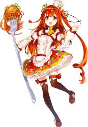 Rule 34 | 1girl, apron, black thighhighs, food, fork, full body, hat, kagome (brand), leg up, long hair, long sleeves, looking at viewer, mika pikazo, mini hat, napoli-tan, official art, pasta, personification, red hair, solo, spaghetti, standing, thighhighs, transparent background, very long hair, yellow eyes, zettai ryouiki