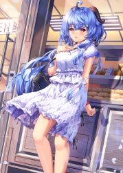 Rule 34 | 1girl, :d, absurdres, ahoge, alternate costume, arm behind back, bag, bakery, bangle, bell, black ribbon, blue hair, blush, bracelet, bread, breasts, clothes lift, commentary, contemporary, day, door, english commentary, falling petals, feet out of frame, food, frilled shirt, frilled skirt, frills, ganyu (genshin impact), genshin impact, glass door, goat horns, gradient eyes, hand on own chest, hand up, handbag, highres, horns, jewelry, keypad, kumori kaiga, long hair, looking at viewer, medium breasts, multicolored eyes, neck bell, open mouth, petals, ponytail, purple eyes, ribbon, shirt, shop, short sleeves, shoulder bag, skirt, skirt lift, smile, solo, standing, thighs, watch, white skirt, wind, wind lift, wristwatch