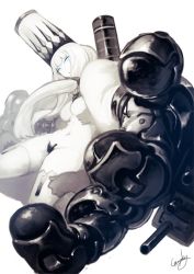 Rule 34 | 10s, 1girl, abyssal ship, artist name, blue eyes, breasts, c-string, capelet, foreshortening, genyaky, grey thighhighs, hat, kantai collection, long hair, looking at viewer, mechanical hands, medium breasts, northern water princess, simple background, smokestack, solo, strapless bottom, thighhighs, very long hair, white background, white hair