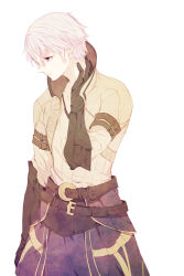 Rule 34 | 1boy, a082, arm at side, belt, brown gloves, elbow gloves, fire emblem, fire emblem awakening, gloves, hand up, looking to the side, male focus, nintendo, robin (fire emblem), robin (male) (fire emblem), short hair, simple background, solo, standing, white background, white hair