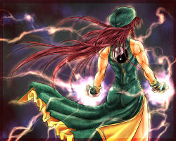 Rule 34 | 1girl, ass, back, braid, china dress, chinese clothes, dragon, dress, ex-meiling, female focus, fighting stance, hat, highres, hong meiling, ledjoker07, lightning, long hair, muscular, muscular female, red hair, solo, embodiment of scarlet devil, touhou, very long hair, yin yang