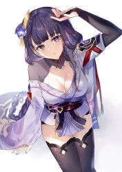 Rule 34 | 1girl, arm support, arm up, black thighhighs, blunt bangs, braid, breasts, bridal gauntlets, cleavage, cowboy shot, flower, genshin impact, hair flower, hair ornament, hand up, highres, japanese clothes, kimono, large breasts, long hair, looking at viewer, neck ribbon, obijime, parted lips, pudding cream, purple eyes, purple flower, purple hair, purple kimono, purple nails, raiden shogun, red ribbon, ribbon, sash, sidelighting, simple background, solo, thighhighs, very long hair, vision (genshin impact), white background, wide sleeves