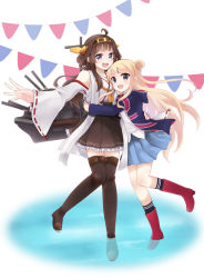 Rule 34 | 10s, 2girls, :d, ahoge, black socks, blonde hair, boots, brown hair, bunting, crossover, detached sleeves, double bun, flag print, frilled skirt, frills, hair bun, hair ornament, hairband, hairclip, headgear, hood, hooded jacket, hoodie, hug, ine, jacket, japanese clothes, kantai collection, kin-iro mosaic, kneehighs, kongou (kancolle), kujou karen, long hair, looking at viewer, miko, multiple girls, nontraditional miko, open clothes, open hoodie, open mouth, pennant, personification, ribbon-trimmed sleeves, ribbon trim, rubber boots, school uniform, single hair bun, skirt, smile, soaking feet, socks, string of flags, thigh boots, thighhighs, touyama nao, trait connection, union jack, voice actor connection, wading, water, wide sleeves, x hair ornament, zettai ryouiki