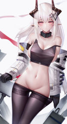 Rule 34 | 1girl, absurdres, arknights, bad id, bad pixiv id, binggong asylum, black gloves, black pantyhose, breasts, chinese commentary, cleavage, clothes pull, commentary request, cowboy shot, crop top, duplicate, gloves, grey background, groin, highres, horns, large breasts, long hair, long sleeves, looking at viewer, midriff, mudrock (arknights), navel, pantyhose, pantyhose pull, partial commentary, pink eyes, pointy ears, silver hair, smile, solo, standing, stomach, strap slip, thighband pantyhose, thighs