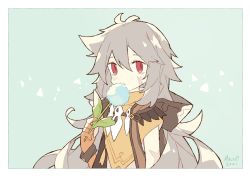 Rule 34 | 1boy, dandelion, dated, flower, genshin impact, gloves, grey hair, hair between eyes, holding, holding flower, long hair, male focus, melanbread, open mouth, orange gloves, pale skin, razor (genshin impact), red eyes, scar, scar on arm, scar on face, short sleeves, signature, simple background, solo, two-tone background