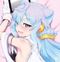 Rule 34 | 10s, 1boy, ahoge, arm up, armpits, ass, bed sheet, blue eyes, blue hair, blush, dakimakura (medium), detached collar, gloves, hacka doll, hacka doll 3, hair between eyes, handheld game console, highres, long hair, looking at viewer, lying, m-da s-tarou, male focus, nintendo switch, nipples, on stomach, open mouth, smile, solo, trap, upper body, wavy mouth