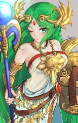 Rule 34 | 1girl, ;p, ancient greek clothes, aqua eyes, armor, bare shoulders, blush, bracelet, breasts, chiton, circlet, cleavage, commentary, dress, english commentary, green hair, hair ornament, highres, holding, holding shield, holding staff, ippers, jewelry, kid icarus, kid icarus uprising, large breasts, long hair, necklace, nintendo, one eye closed, palutena, parted bangs, shield, smile, staff, strap, strapless, super smash bros., thighhighs, tongue, tongue out, very long hair, white dress