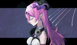 Rule 34 | 1girl, absurdres, asymmetrical horns, from side, hair ribbon, headphones, headphones around neck, highres, hololive, horns, letterboxed, mano aloe, pink hair, pointy ears, ribbon, sky, solo, star (sky), starry sky, syhan, uneven horns, virtual youtuber