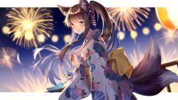 Rule 34 | 1girl, :d, aerial fireworks, animal ears, blurry, blurry background, blush, brown hair, commentary request, copyright request, depth of field, fingernails, fireworks, floral print, fox ears, fox girl, fox tail, from side, hair between eyes, highres, holding, itsia, japanese clothes, kimono, kitsune, long hair, long sleeves, looking at viewer, looking to the side, multiple tails, night, night sky, obi, open mouth, ponytail, print kimono, purple eyes, railing, sash, sky, smile, solo, tail, two tails, white kimono, wide sleeves, wind chime