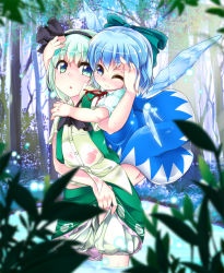 Rule 34 | 2girls, bloomers, blue eyes, blue hair, bow, cirno, crystal, forest, green eyes, green hair, hair bow, hairband, hug, ice, ice wings, konpaku youmu, multiple girls, nature, one eye closed, partially submerged, peeing, peeing self, see-through, short hair, t.o.d, touhou, underwear, water, wet, wet bloomers, wet clothes, wings, wink