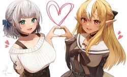 Rule 34 | 2girls, black choker, blonde hair, braid, breasts, brown dress, brown ribbon, casual, choker, cleavage, collarbone, commentary request, dark-skinned female, dark skin, dress, elf, french braid, green eyes, greyscale, hand up, heart, heart hands, heart hands duo, high-waist skirt, highres, hololive, kito koruta, large breasts, looking at viewer, medium breasts, monochrome, multicolored hair, multiple girls, open mouth, pendant choker, plaid, plaid belt, plaid skirt, pointy ears, red eyes, ribbon, sailor collar, shiranui flare, shiranui flare (street), shirogane noel, shirogane noel (casual), short hair, sidelocks, signature, silver hair, simple background, skirt, snowflake choker, snowflake pendant, streaked hair, striped clothes, striped dress, sun choker, sun pendant, sweater, vertical-striped clothes, vertical-striped dress, virtual youtuber, white background, white sweater