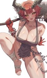 Rule 34 | 1girl, absurdres, apron, artist name, bandaged foot, bandaged leg, bandages, bare shoulders, black sclera, breasts, brown apron, chain, chain around arm, cleavage, collarbone, colored sclera, commentary, demon girl, elbow gloves, english commentary, fangs, gloves, gluteal fold, highres, holding, holding weapon, hook, horns, large breasts, looking at viewer, mell (dmwe3537), open mouth, original, over shoulder, red gloves, red hair, scar, scar on breasts, scar on leg, short hair, solo, teeth, upper teeth only, warrior, weapon, weapon over shoulder, yellow eyes