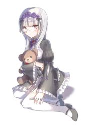 Rule 34 | 1girl, black footwear, bow, dress, flower, frilled dress, frilled sleeves, frills, garter straps, glasses, gothic lolita, hair flower, hair ornament, heidimarie w. schnaufer, highres, lolita fashion, purple flower, red eyes, shima7 c, shoes, simple background, solo, strike witches, stuffed animal, stuffed toy, teddy bear, thighhighs, white background, white hair, white thighhighs, world witches series