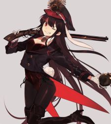 Rule 34 | 1girl, black hair, black pantyhose, bomb, boots, breasts, cleavage, explosive, fate (series), gloves, grey background, grin, gun, hat, high heels, highres, holding, holding gun, holding weapon, koha-ace, leotard, long hair, looking at viewer, oda nobunaga (fate), oda nobunaga (koha-ace), one eye closed, pantyhose, playboy bunny, rabbit girl, red eyes, rifle, simple background, smile, solo, thigh boots, thighhighs, very long hair, weapon, white gloves, ya 4004