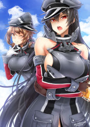 Rule 34 | 2girls, ;), bare shoulders, beer mug, bismarck (kancolle), bismarck (kancolle) (cosplay), black hair, blue sky, breasts, brown eyes, brown gloves, brown hair, cloud, cosplay, crossed arms, cup, dated, day, detached sleeves, gloves, hat, highres, kantai collection, large breasts, long hair, long sleeves, military, military uniform, mug, multiple girls, mutsu (kancolle), nagato (kancolle), okitakung, one eye closed, open mouth, prinz eugen (kancolle), prinz eugen (kancolle) (cosplay), red eyes, revision, sailor hat, sideboob, signature, sky, smile, twitter username, uniform, very long hair, white gloves