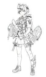 Rule 34 | 10s, 1girl, ammunition pouch, bike shorts, body armor, boom microphone, cannon, combat knife, didloaded, eotech, female focus, full body, gloves, greyscale, gun, gun sling, headset, highres, kantai collection, knife, laser sight, lineart, molle vest, monochrome, neck ribbon, night-vision device, bulletproof vest, pleated skirt, ponytail, pouch, red ribbon, ribbon, rigging, sheath, shiranui (kancolle), simple background, sketch, skirt, solo, strap, torpedo, turret, weapon, white background