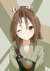 Rule 34 | 10s, 1girl, akiha (attract), bad id, bad pixiv id, blush, brown eyes, brown hair, camouflage, hachimaki, headband, japanese clothes, kantai collection, kskasutera, looking at viewer, muneate, one eye closed, ponytail, smile, solo, upper body, zuihou (kancolle)